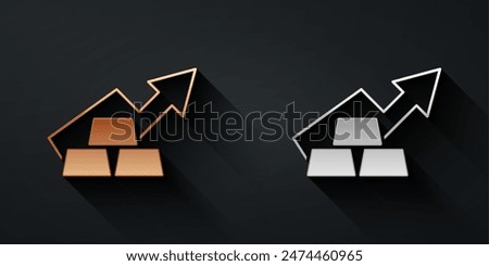 Gold and silver Finance growth chart arrow with gold bars icon isolated on black background. Financial success concept. Gold investment concept. Long shadow style. Vector