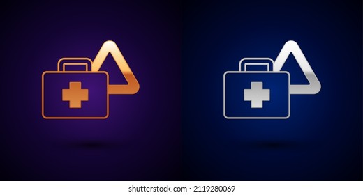 Gold and silver First aid kit and warning triangle icon isolated on black background. Must be in the car.  Vector