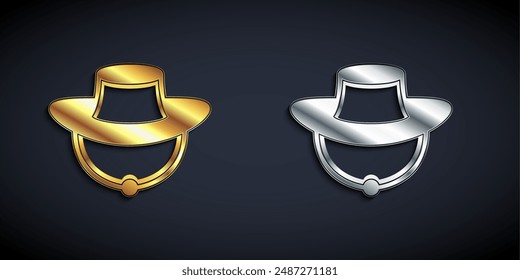 Gold and silver Fisherman hat icon isolated on black background. Long shadow style. Vector