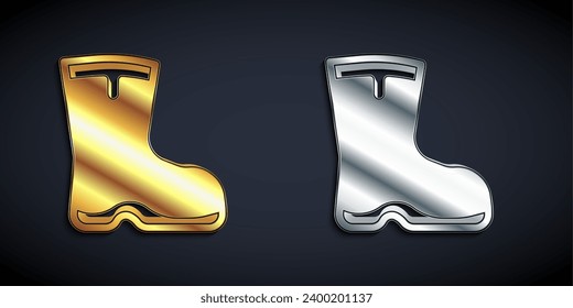 Gold and silver Fishing boots icon isolated on black background. Waterproof rubber boot. Gumboots for rainy weather, fishing, hunter, gardening. Long shadow style. Vector