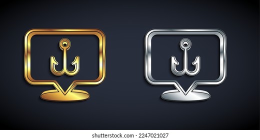 Gold and silver Fishing hook icon isolated on black background. Fishing tackle. Long shadow style. Vector