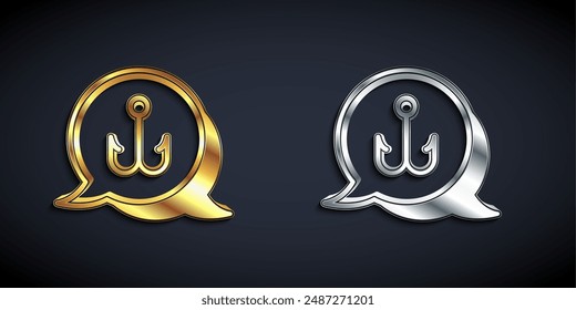 Gold and silver Fishing hook icon isolated on black background. Fishing tackle. Long shadow style. Vector