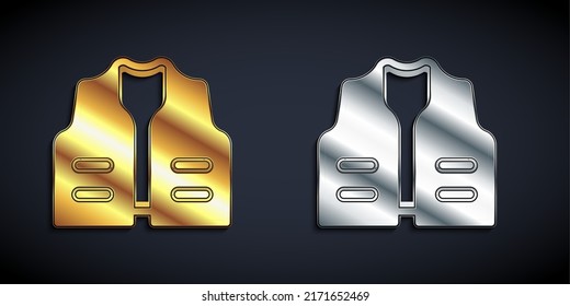 Gold and silver Fishing jacket icon isolated on black background. Fishing vest. Long shadow style. Vector