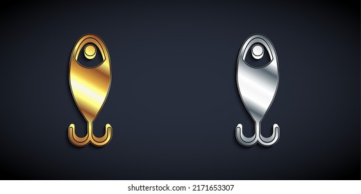 Gold and silver Fishing lure icon isolated on black background. Fishing tackle. Long shadow style. Vector