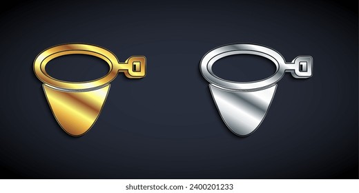 Gold and silver Fishing net icon isolated on black background. Fishing tackle. Long shadow style. Vector