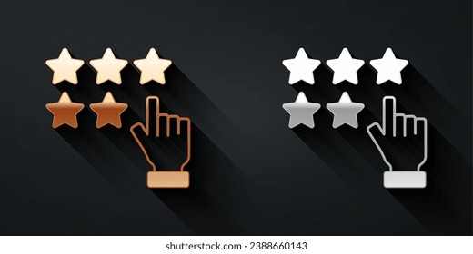 Gold and silver Five stars customer product rating review icon isolated on black background. Favorite, best rating, award symbol. Long shadow style. Vector