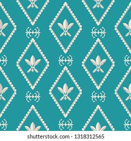 Gold and silver Fleur de Lys design. Classic style with a modern twist. Seamless vector pattern on Caribbean blue background. Perfect for stationery, fabrics, textiles, home decor, giftwrapping