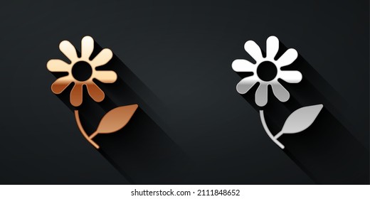 Gold and silver Flower icon isolated on black background. Sweet natural food. Long shadow style. Vector