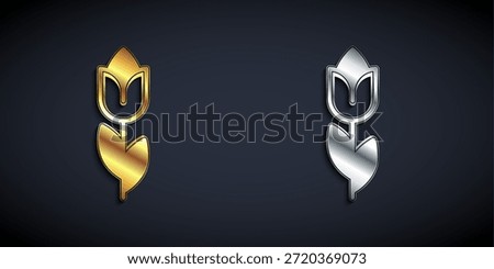 Gold and silver Flower tulip icon isolated on black background. 8 March. International Happy Women Day. Long shadow style. Vector