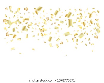 Gold, Silver Foil Confetti Falling Down. Elegant Christmas, Birthday Party, New Year Winter Background. Gift Card, Sale Golden Tinsel Texture. VIP Elegant Golden Foil Confetti Border or Garland.