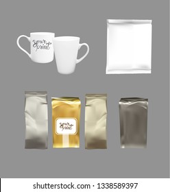 gold and silver foil packaging, white cups, plastic bag empty. 3d plastic bag. realistic illustration. isolated vector. template to insert print design your print