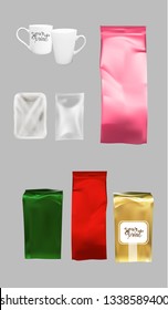 gold and silver foil packaging, white cups, plastic bag empty. 3d plastic bag. realistic illustration. isolated vector. template to insert print design your print