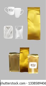 Gold And Silver Foil Packaging, White Cups, Plastic Bag Empty. 3d Plastic Bag. Realistic Illustration. Isolated Vector. Template To Insert Print Design Your Print