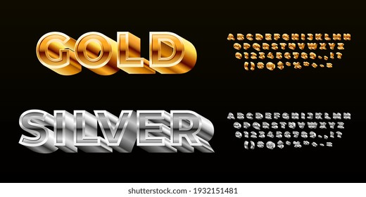 Gold silver font. Styling alphabet, modern 3d technology metal typeface. Luxury vip celebration decorative letters numbers recent vector set