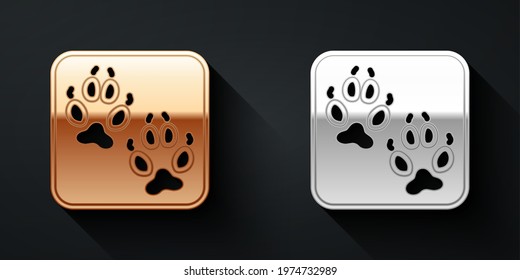 Gold and silver Fox paw prints, footprint icon isolated on black background. Long shadow style. Vector