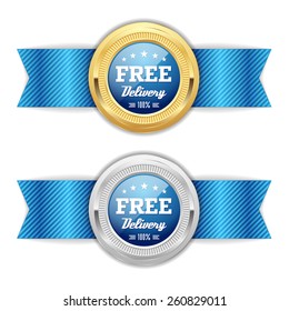 Gold and silver free delivery badge with blue ribbon