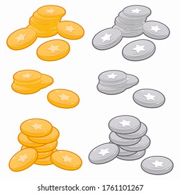 Monedas vectoriales de juegos de oro y plata aisladas en fondo blanco.