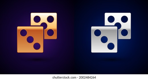 Gold and silver Game dice icon isolated on black background. Casino gambling.  Vector