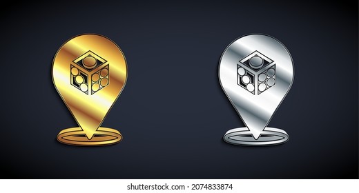 Gold and silver Game dice icon isolated on black background. Casino gambling. Long shadow style. Vector