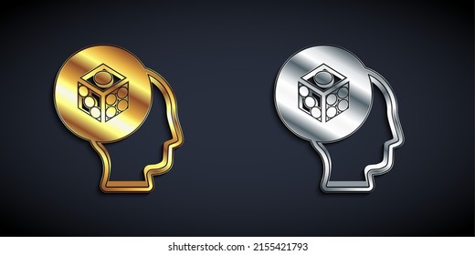 Gold and silver Game dice icon isolated on black background. Casino gambling. Long shadow style. Vector