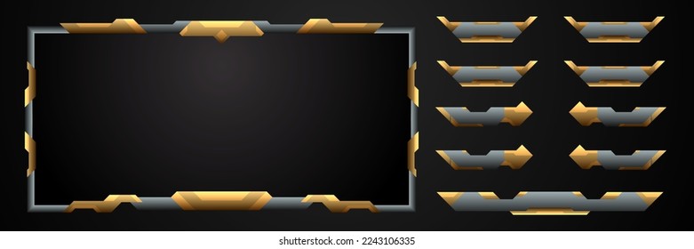 Gold and silver gaming overlay futuristic cyber screen panel and banners set for live video streaming
