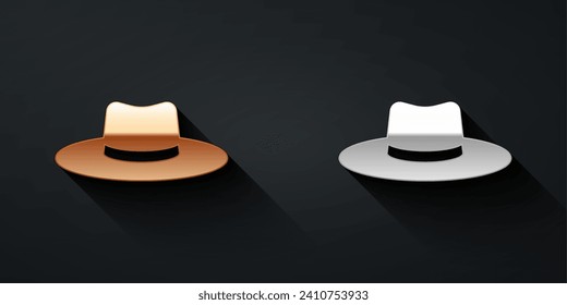 Gold and silver Gardener, farmer or agricultural worker hat icon isolated on black background. Long shadow style. Vector