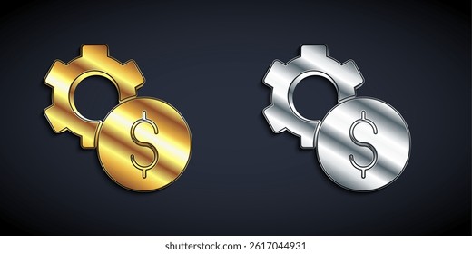 Gold and silver Gear with dollar symbol icon isolated on black background. Business and finance conceptual icon. Long shadow style. Vector