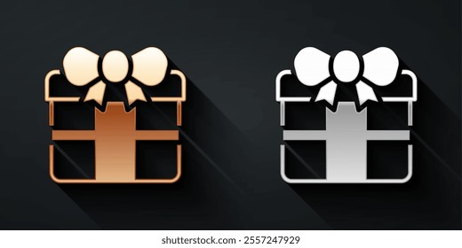 Gold and silver Gift box icon isolated on black background. Happy Birthday. Long shadow style. Vector