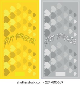 Plantillas de certificado de regalo de oro y plata con cupón de regalo con inscripción, con espacio vacío para el texto, decoradas con marcos y corazones en el mismo esquema de color. Vector