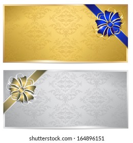 Gold and silver gift voucher with bow - isolated on white. Place for your text.