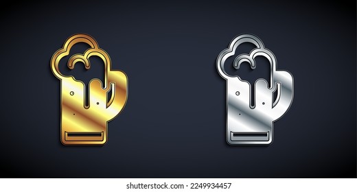 Gold and silver Glass of beer icon isolated on black background. Long shadow style. Vector