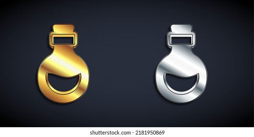 Botella de vidrio dorado y plateado con icono de elixir mágico aislado sobre fondo negro. Activo de juegos de computadora. Estilo de sombra larga. Vector