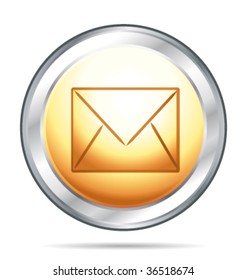 Gold and silver glass button with mail icon. Vector illustration.