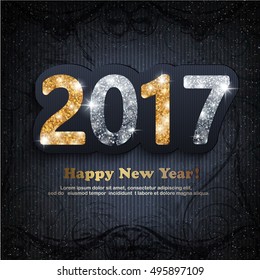 The gold and silver glitter New Year 2017 text  in modern style on a magic dark background 