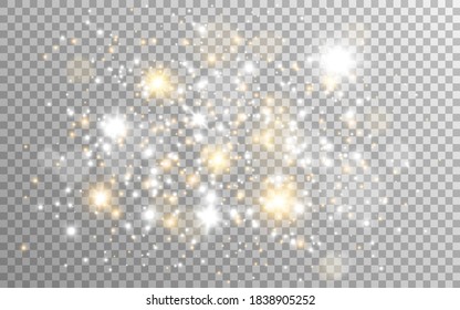 Gold and silver glitter on transparent background. White magic lights and stardust. Golden particles with stars. Luxury light effect. Festive silver shine. Vector illustration.