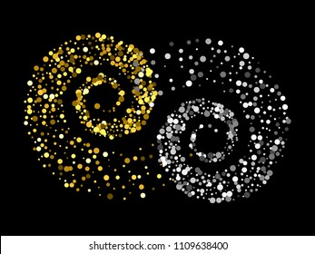 Gold and silver glitter particles background effect twisted in swirl or vortex. Sparkling texture. Use for banner, poster, greeting and Christmas card, invitation, postcard. Vector illustration.