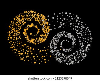 Gold and silver glitter particles background effect twisted in swirl or vortex. Sparkling texture. Use for banner, poster, greeting and Christmas card, invitation, postcard. Vector illustration.