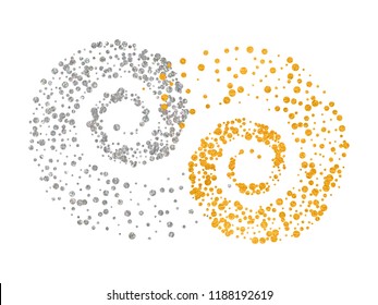 Gold and silver glitter particles background effect twisted in swirl or vortex. Sparkling texture. Use for banner, poster, greeting and Christmas card, invitation, postcard. Vector illustration.