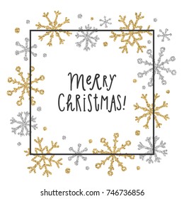 Gold and silver glitter snowflakes. Christmas greeting card template. Vector illustration