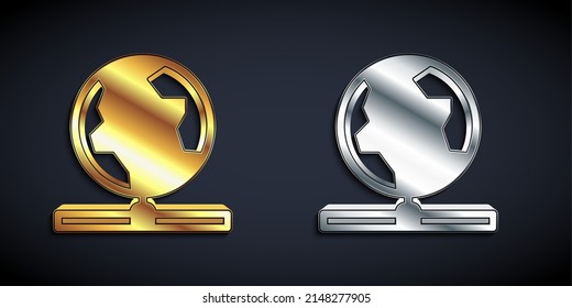 Gold and silver Global technology or social network icon isolated on black background. Long shadow style. Vector