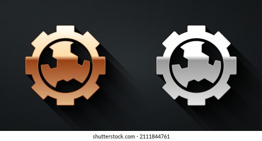 Gold and silver Globe of the Earth and gear or cog icon isolated on black background. Setting parameters. Global Options. Long shadow style. Vector