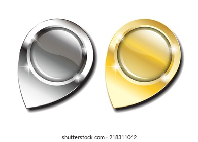 Gold and silver glossy map pins, with space for your text or image, against white background with shadow. EPS10 vector format