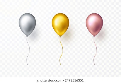 Gold, silver and golden rose balloons isolated on transparent background. Vector realistic festive 3d helium ballons template for anniversary, birthday party design