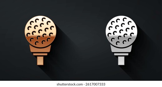 Gold and silver Golf ball on tee icon isolated on black background. Long shadow style. Vector