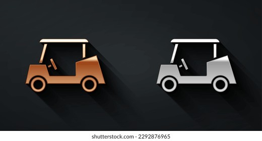 Gold und Silber Golf Car Symbol einzeln auf schwarzem Hintergrund. Golfwagen. Lange Schattenstil. Vektorgrafik