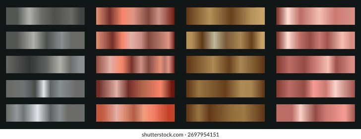 Conjunto de degradado de oro y plata. Colores degradado de oro, plata y bronce. Vector brillante y colección degradada para borde, marco, diseño de cinta. Gradientes de oro, plata, bronce para el fondo del marco. 