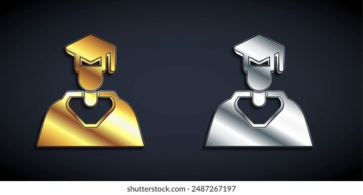 Gold and silver Graduate and graduation cap icon isolated on black background. Long shadow style. Vector