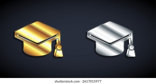 Gold and silver Graduation cap icon isolated on black background. Graduation hat with tassel icon. Long shadow style. Vector