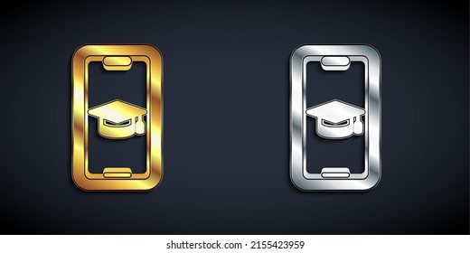 Gold and silver Graduation cap on screen smartphone icon isolated on black background. Online learning or e-learning concept. Long shadow style. Vector