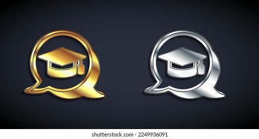 Gold and silver Graduation cap in speech bubble icon isolated on black background. Graduation hat with tassel icon. Long shadow style. Vector